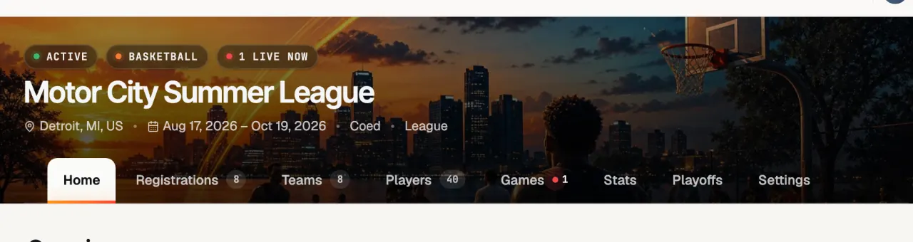 The RecTrack competition hub for a summer basketball league, with its status pills, dates, and season tab bar