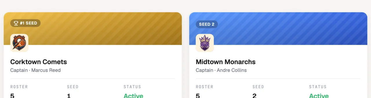 The RecTrack teams board showing eight rostered teams with captains, seeds, and roster counts