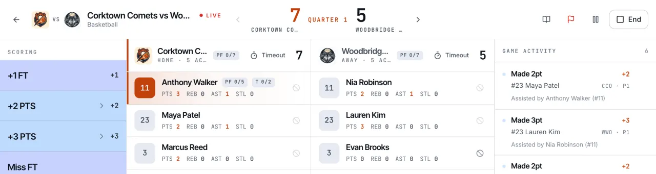 The RecTrack live scorecard with both lineups, a running game activity log, and a selected player's box score