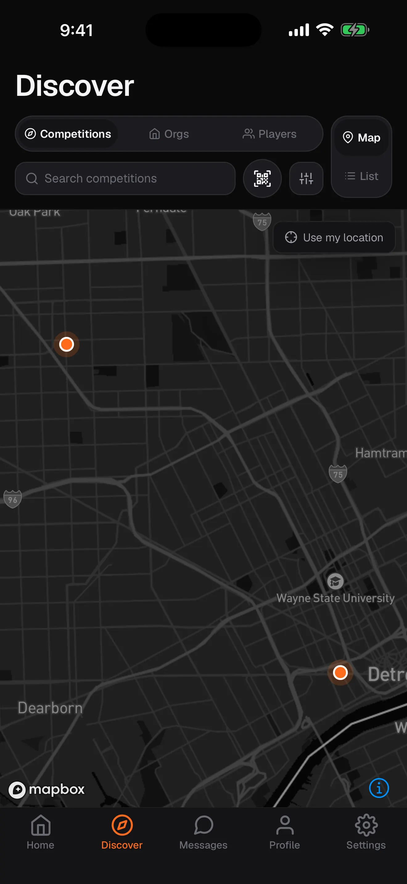 Map of nearby competitions in the RecTrack app