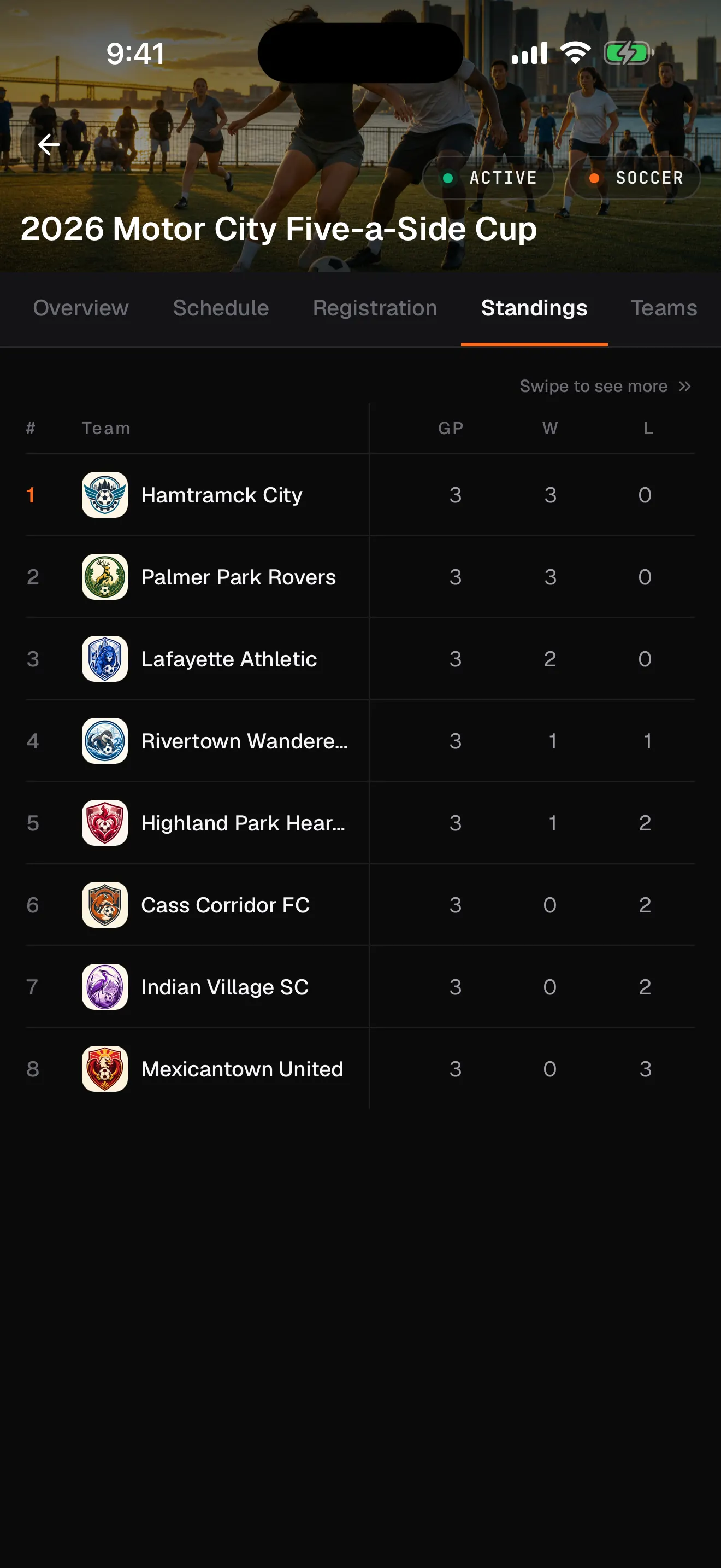 Live league standings in the RecTrack app