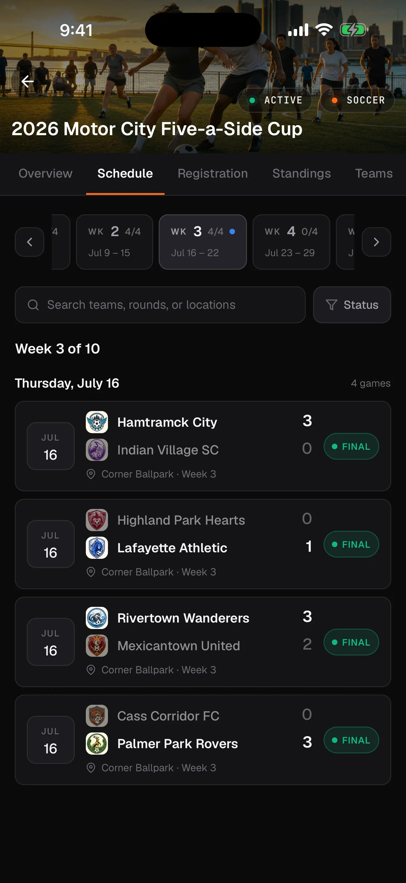 Competition schedule in the RecTrack app