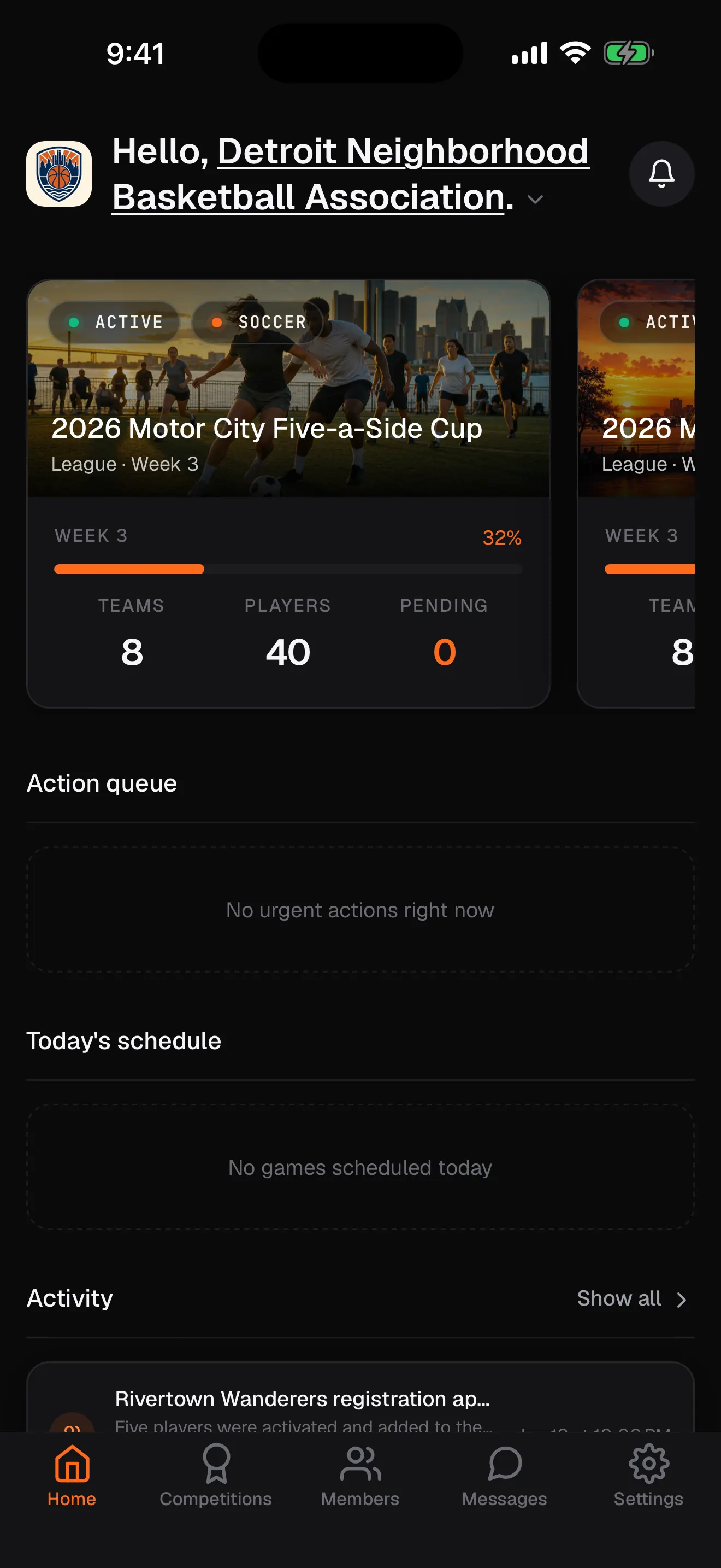 Organizer dashboard in the RecTrack app