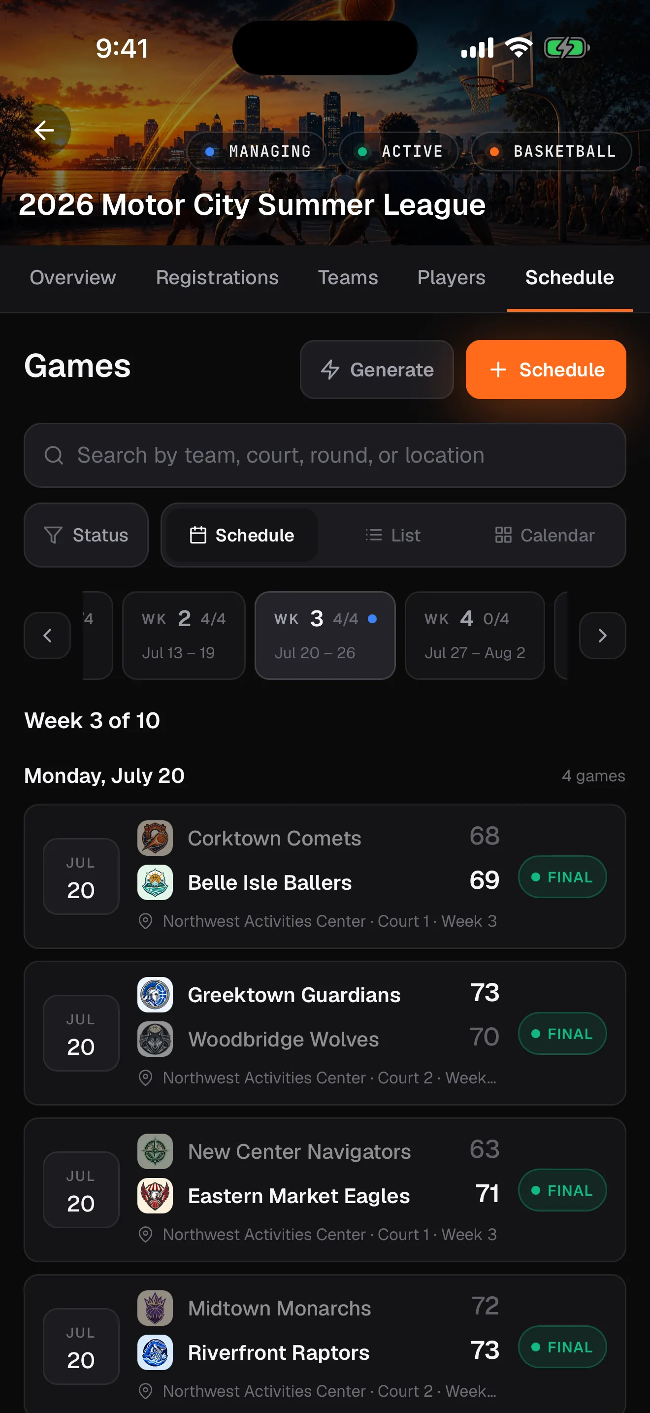 Organizer schedule in the RecTrack app