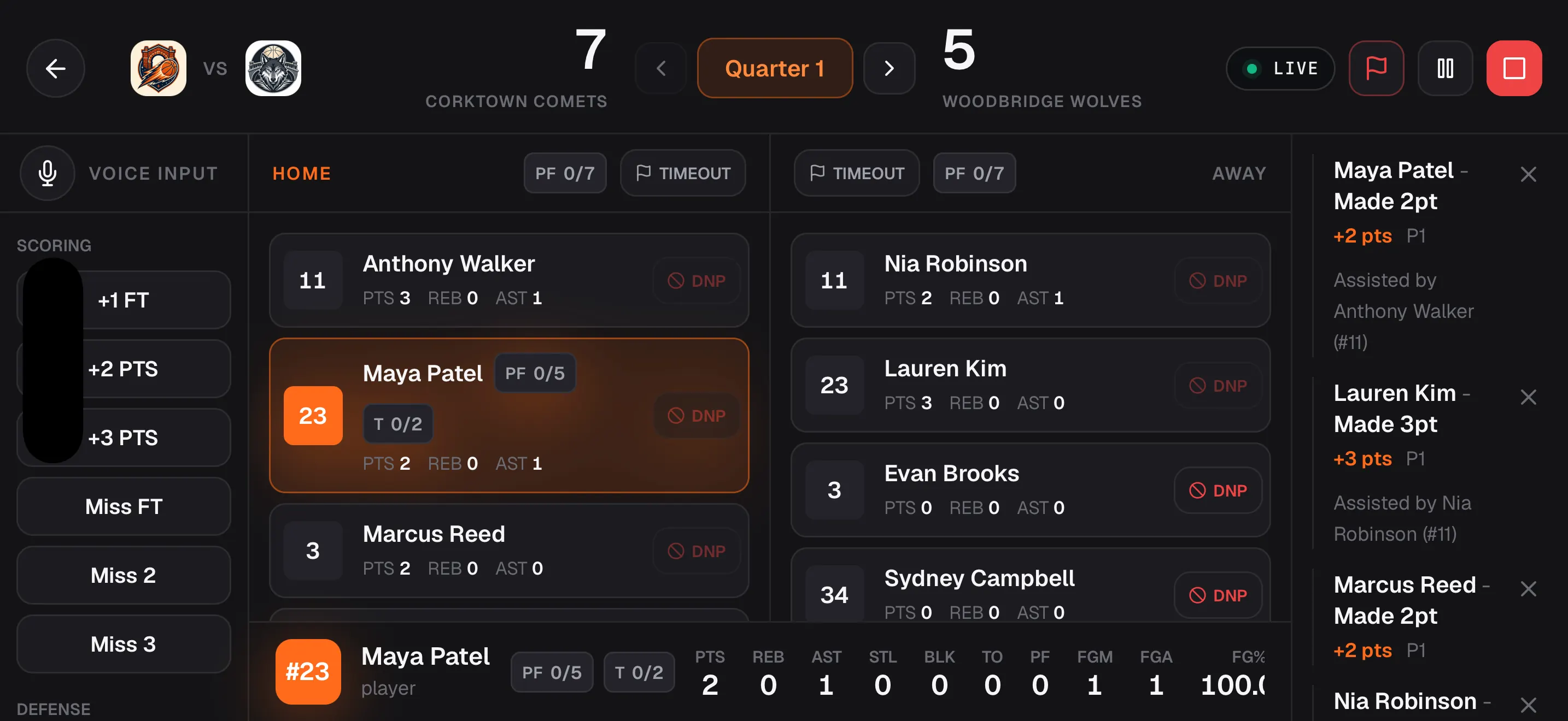 Live basketball scorecard in landscape in the RecTrack app