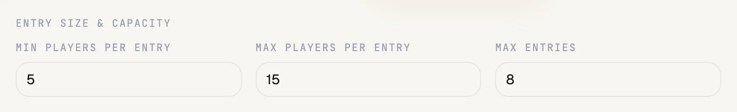 Entry size and capacity fields in RecTrack: minimum players per entry, maximum players per entry, and maximum entries.