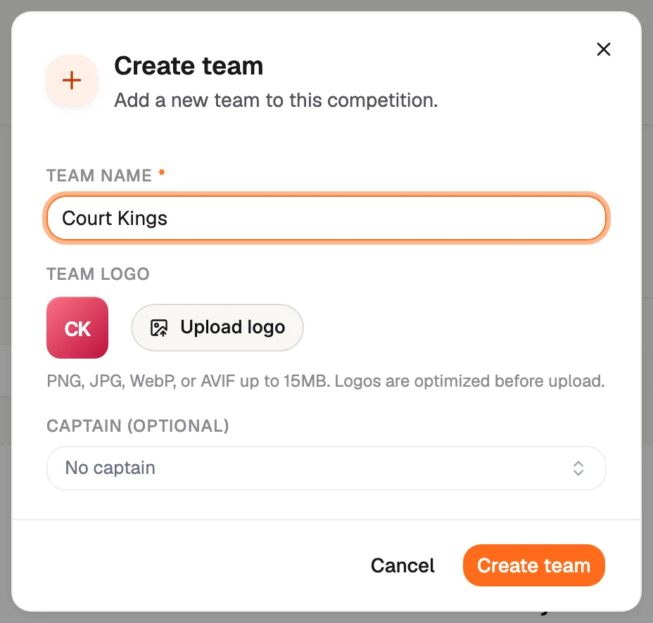 RecTrack's create team dialog with a team name field, team logo upload, and an optional captain selector.