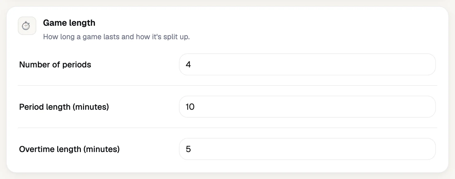 Game length rules in RecTrack: number of periods, period length in minutes, and overtime length.