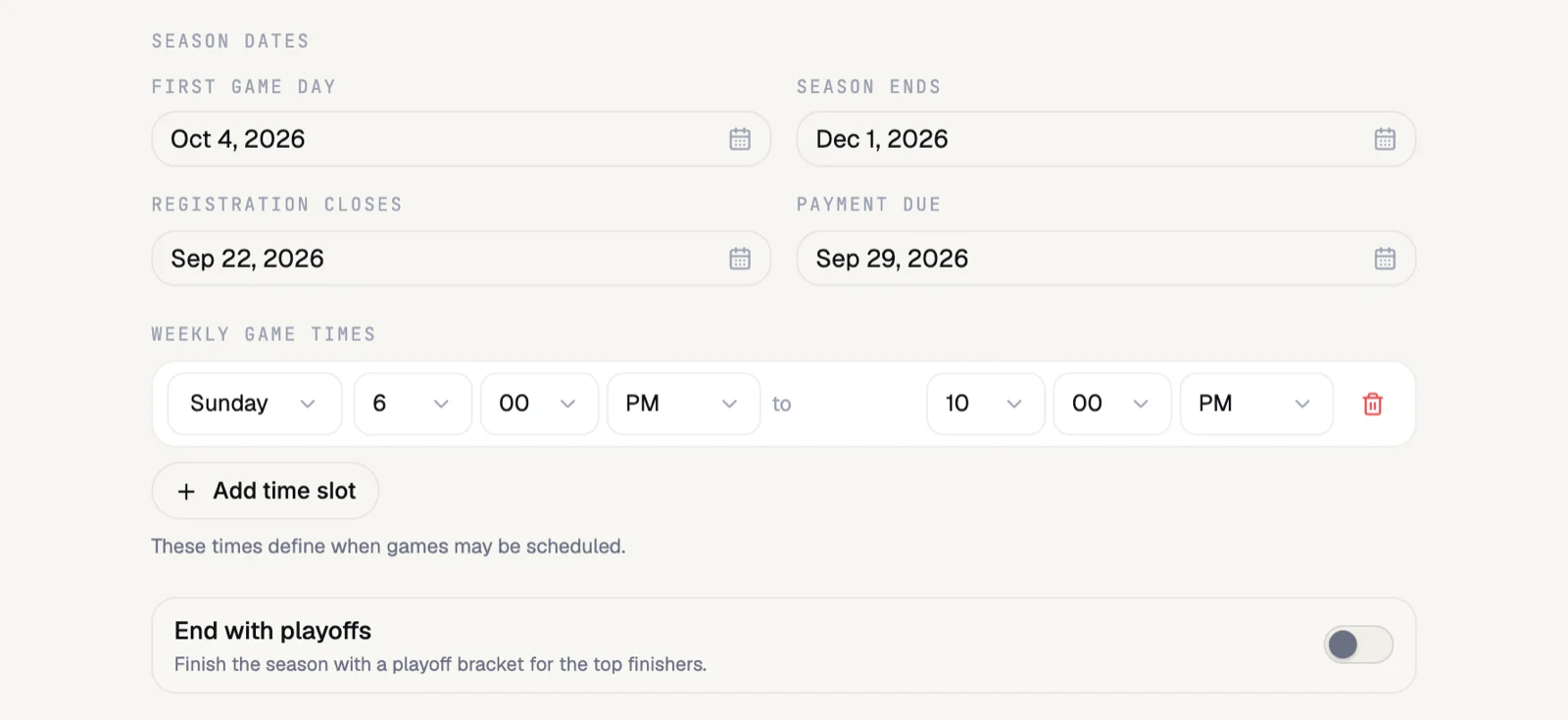 The End with playoffs toggle in the RecTrack schedule step.