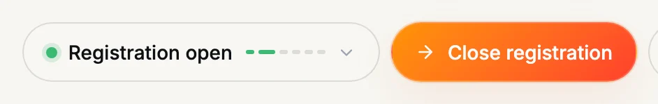 RecTrack competition status pill reading Registration open, next to a Close registration button.