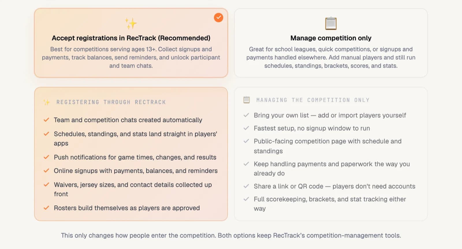 RecTrack's registration source step showing two options side by side: Accept registrations in RecTrack, and Manage competition only, each with a list of what it includes.