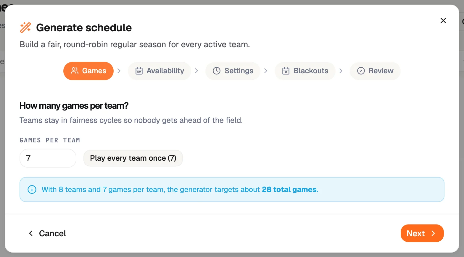 RecTrack's generate schedule dialog on the Games step, asking how many games per team, with a note that eight teams playing seven games each targets 28 total games.
