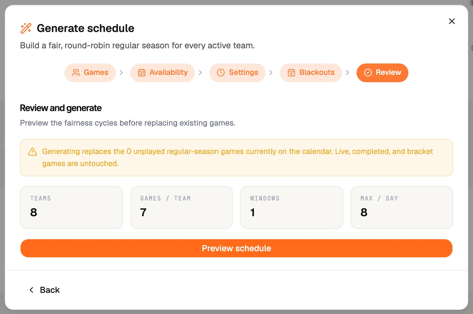 The review step of RecTrack's schedule generator showing teams, games per team, windows, and max per day, with a preview schedule button.