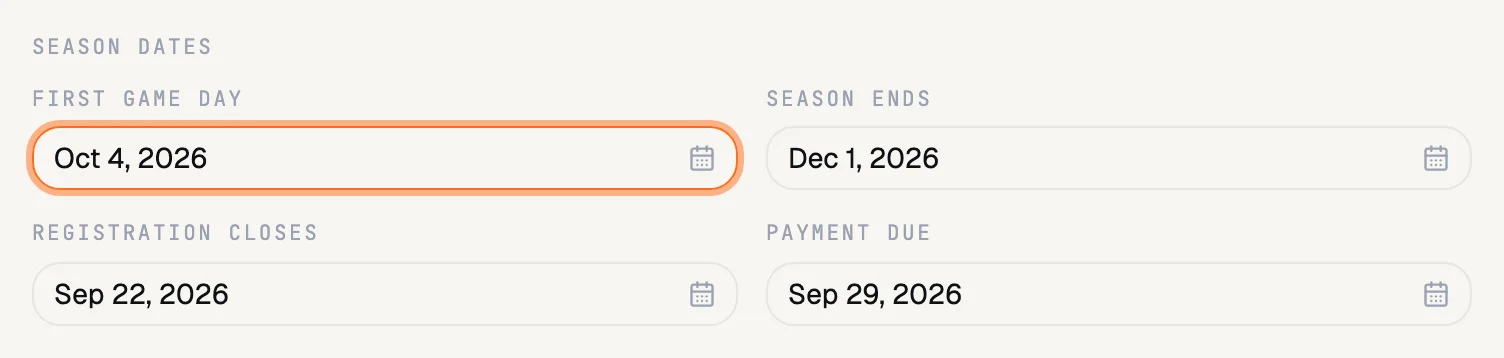 Season date fields in RecTrack: first game day, season ends, registration closes, and payment due.