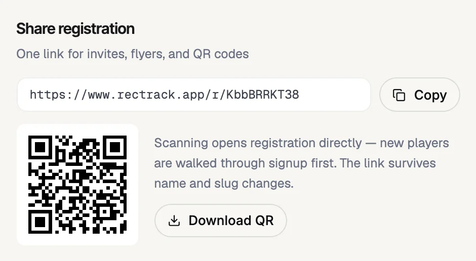 The share registration panel in RecTrack with a registration link, copy button, QR code, and download QR button.