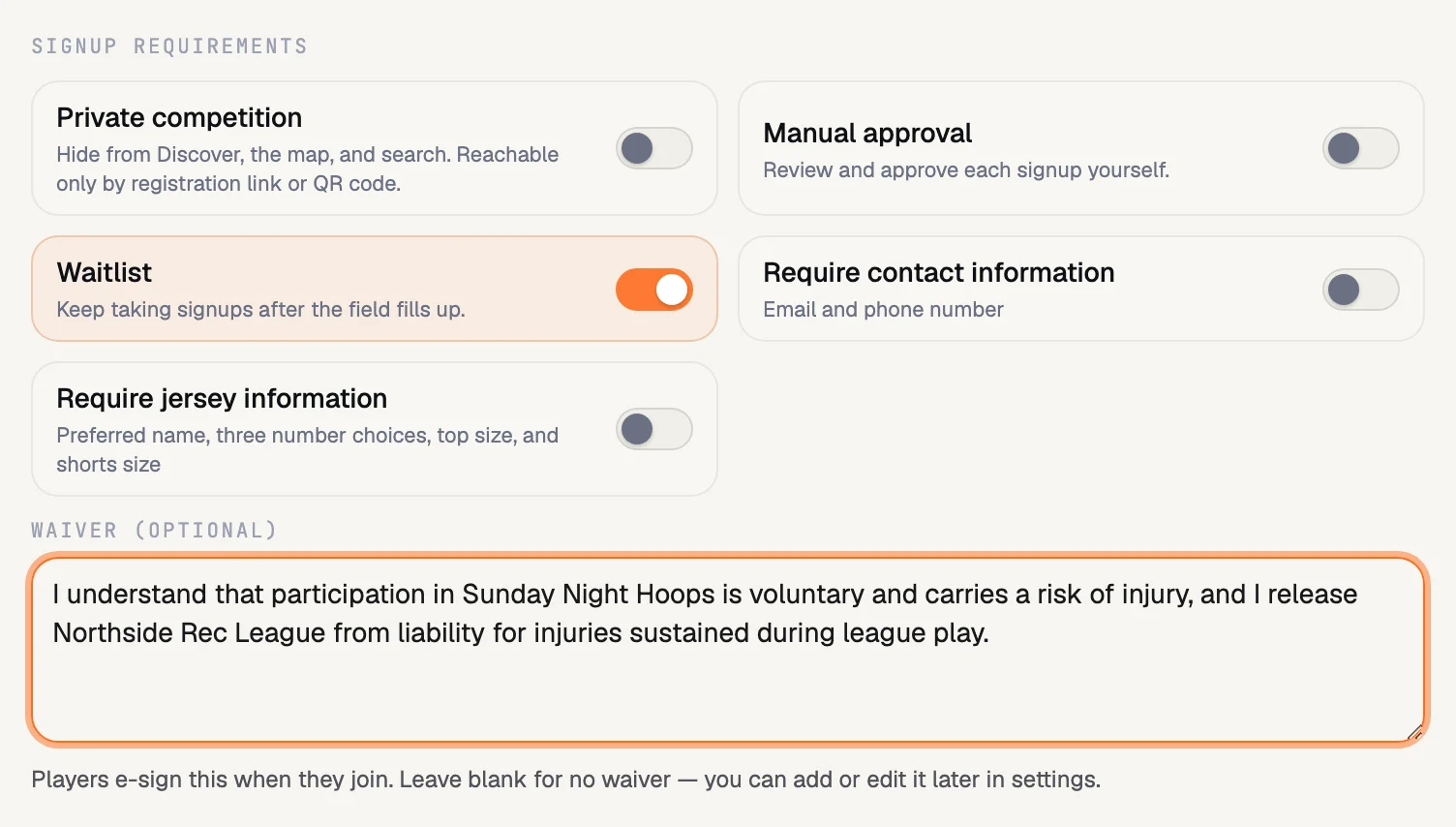 RecTrack signup requirement toggles: private competition, manual approval, waitlist, require contact information, require jersey information, and an optional waiver field.