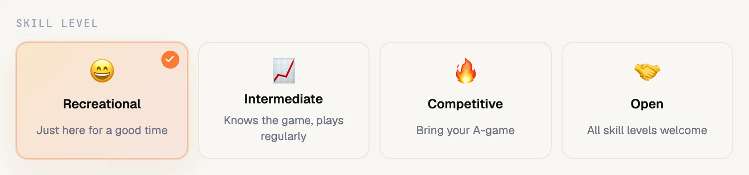 Skill level options in RecTrack: recreational, intermediate, competitive, and open.