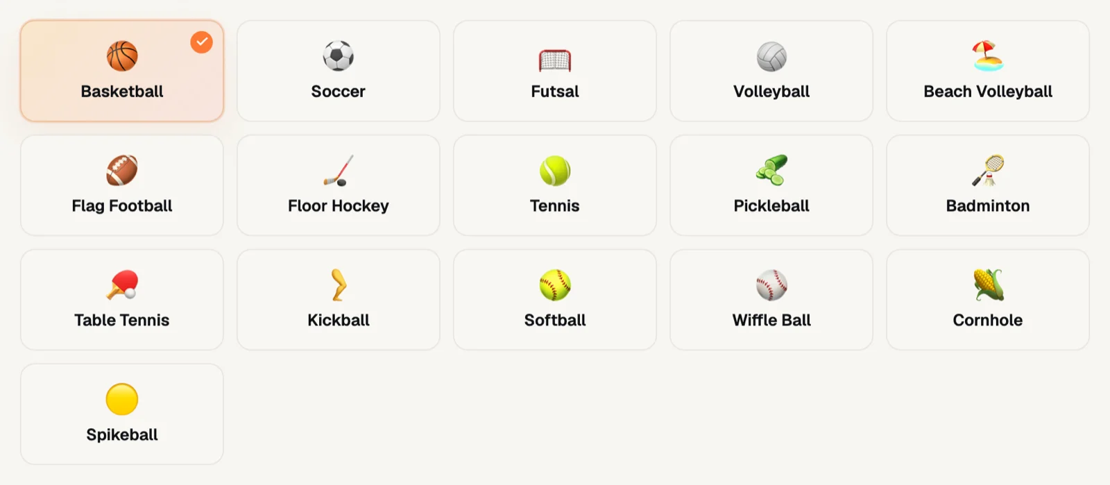 RecTrack sport picker showing sixteen sports including basketball, soccer, futsal, volleyball, beach volleyball, flag football, floor hockey, tennis, pickleball, badminton, table tennis, kickball, softball, wiffle ball, cornhole, and spikeball.