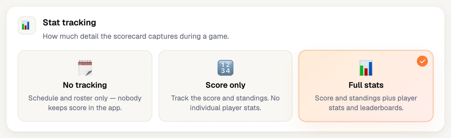 RecTrack stat tracking options: no tracking, score only, and full stats.