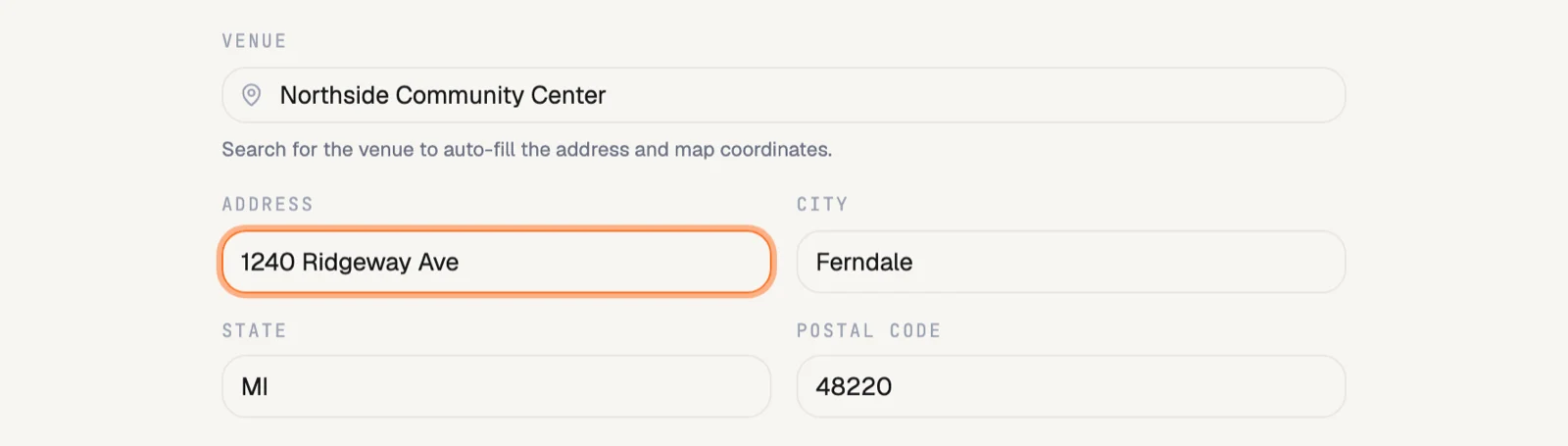 The venue step in RecTrack with a searched venue name and auto-filled address, city, state, and postal code.